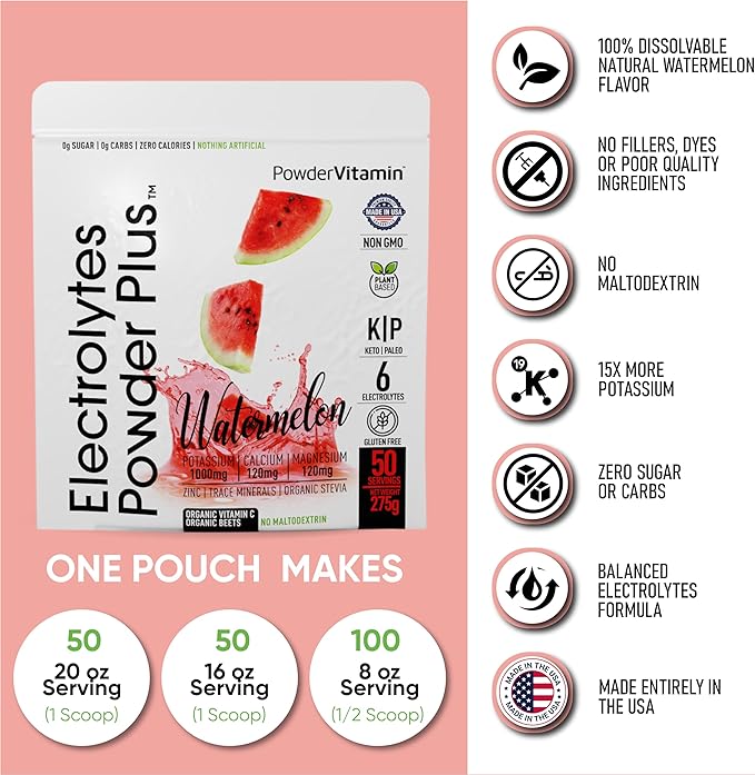 Electrolytes Powder Plus (50 Servings), 0 Calorie Keto, 0 Sugar, No Maltodextrin,1000mg Potassium,120mg Calcium,120mg Magnesium, Hydration Powder (50 Servings, Watermelon)