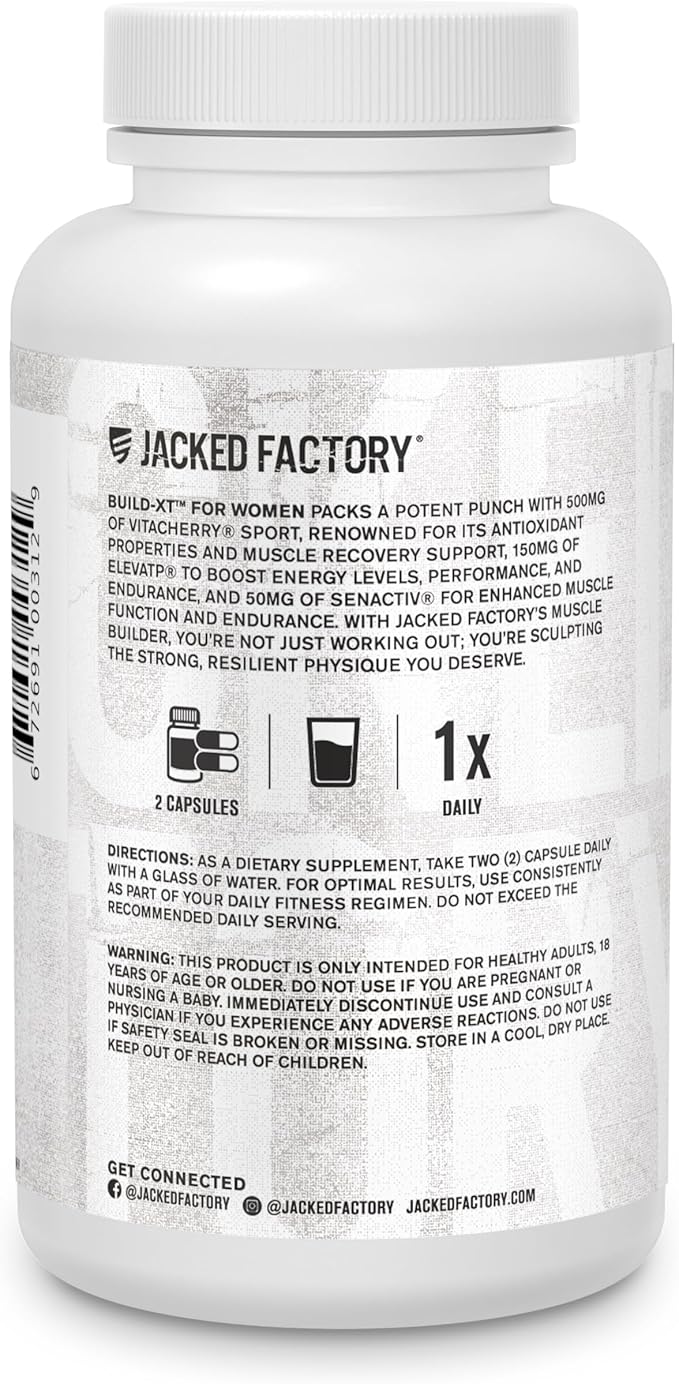 Jacked Factory Build-XT for Women - Muscle Builder for Women with VitaCherry, ElevATP, & Senactiv to Increase Muscle Growth, Muscle Recovery, & Boost Energy - 60 Count