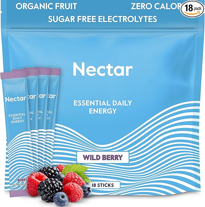 Nectar Energy Booster - Organic Caffeine, B12 & Electrolytes - Sugar Free & Zero Calorie – Healthy Coffee, Energy Drink & Soda Alternative – Hydration & Energy Supplement (Berry 18 Powder Packets)