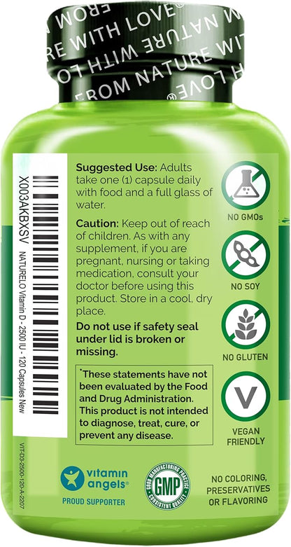 NATURELO Vitamin D - 2500 IU - Plant Based from Lichen - Natural D3 Supplement for Immune System, Bone Support, Joint Health - Vegan - Non-GMO - Gluten Free - 120 Capsules