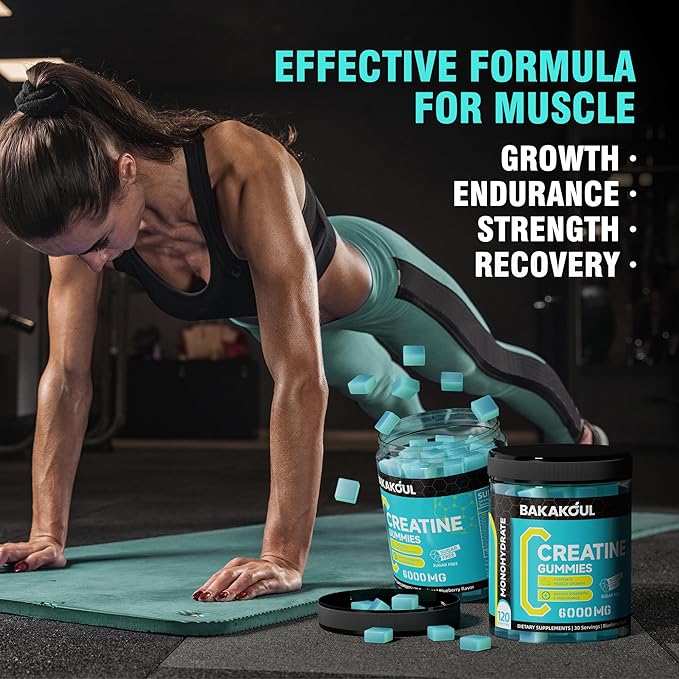 Creatine Monohydrate Gummies 5g for Men & Women - 120 Sugar Free Gummies with Magnesium Glycinate, L-Threonate, L-Taurine + Vitamin B12 for Muscle Support, Energy Boost, (Blueberry Flavor)