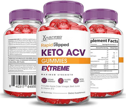 Rapid Ripped Keto ACV Gummies Extreme 2000MG Rapidripped Keto Gummies Apple Cider Vinegar Formulated with Pomegranate Beet Juice Powder B12 Vegan Non GMO 60 Gummys