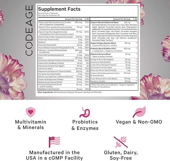 Codeage Women’s Daily Multivitamin, 25+ Vitamins & Minerals, Fermented, Organic Whole Foods, Probiotics Supplement - Vitamin A, Vitamin B, Vitamins C, D, E & K, Omega 3, Zinc – Vegan - 120 Capsules