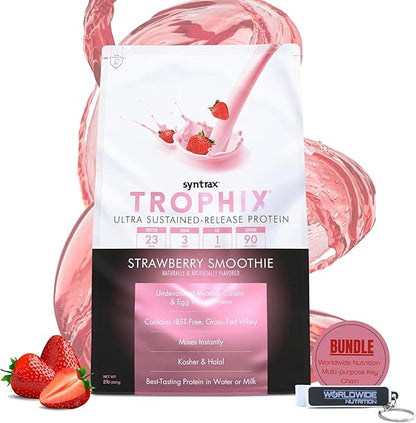 Syntrax Bundle: Trophix Undenatured Casein Protein Strawberry Smoothie - Instant Mix Whey Protein & Egg White Protein Powder - 2 Pounds High Protein Powder and Worldwide Nutrition Keychain
