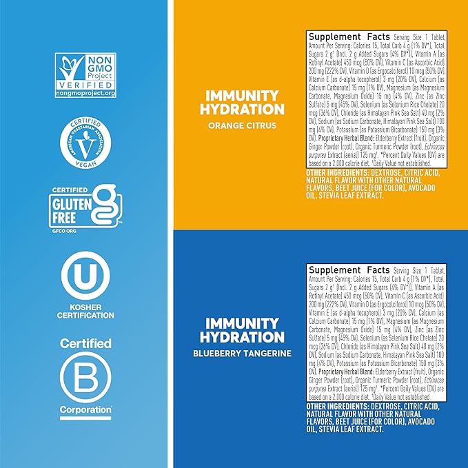 Nuun Hydration Immunity Electrolyte Tablets With 200mg Vitamin C, Blueberry Tangerine + Orange Citrus Flavors, 5 Essential Electrolytes for Hydration, Vegan, Non-GMO, 2 Pack (20 Servings)