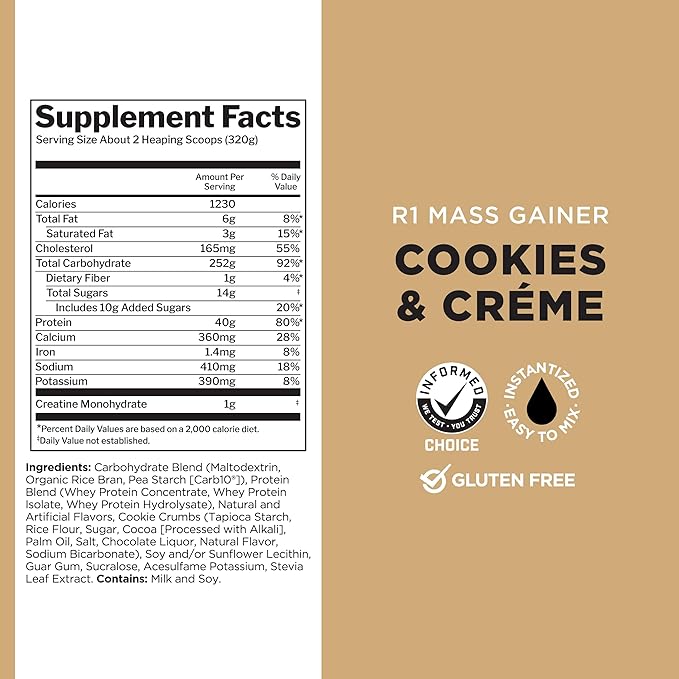 Rule One Proteins, R1 Mass Gainer - Cookies & Crème, High-Calorie Weight Gain Formula with 1,220+ Calories, 250g+ Complex Carb Blend, 40g All-Whey Protein, 8g Fat Per Serving, 6 Pounds, 8 Servings
