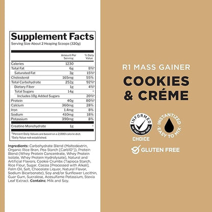 Rule One Proteins, R1 Mass Gainer - Cookies & Crème, High-Calorie Weight Gain Formula with 1,220+ Calories, 250g+ Complex Carb Blend, 40g All-Whey Protein, 8g Fat Per Serving, 6 Pounds, 8 Servings