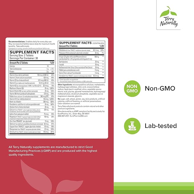 Terry Naturally Clinical Essentials - 60 Tablets - Multivitamin & Mineral Supplement with 30 Premium Nutrients, Gentle On The Stomach, No Vitamin Aftertaste - Non-GMO, Gluten-Free - 30 Servings