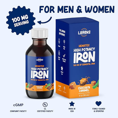 Iron Supplement High Potency Liquid Iron for Adults by Hematex - 100mg Polysaccharide Iron Complex Iron Supplements for Anemia and Iron Deficiency (Chocolate Caramel Flavor)