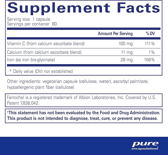 Pure Encapsulations OptiFerin-C - for Red Blood Cells & Energy - Iron Absorption Support - Energy Supplement* - Vitamin C Enriched - Gluten Free & Non-GMO - 60 Capsules