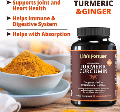 Life's Fortune Organic Turmeric Curcumin with Black Pepper and Ginger, Enhanced Absorption, Extra Strength Supplement, Joint & Immune Support, Non-GMO, 180 Cap - 2250mg