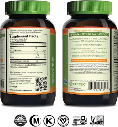Nutrex Hawaii, Pure Hawaiian Spirulina 500 mg, Vegan, Supports Immune System, Heart, Cells and Energy, 200 Tablets