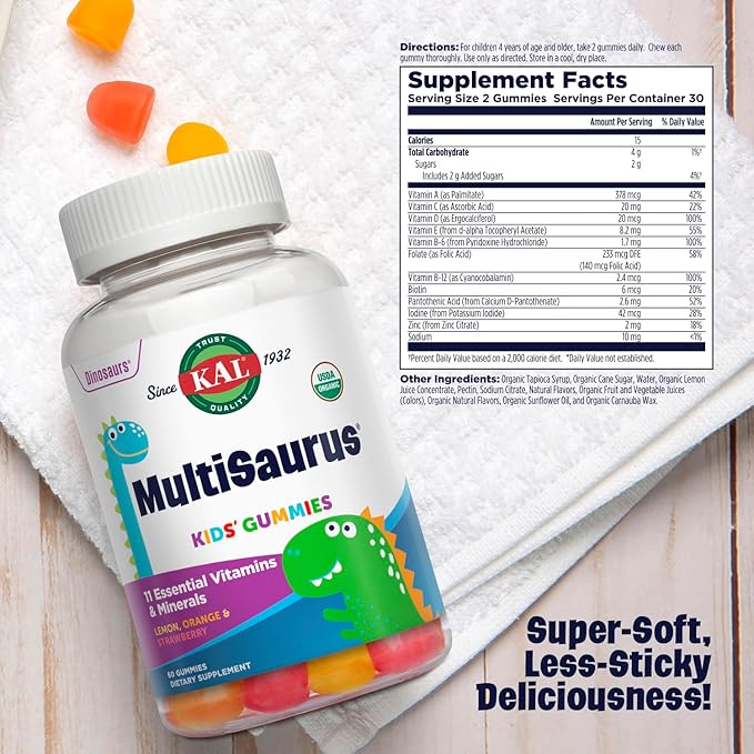 KAL MultiSaurus Multivitamin Gummies, USDA Organic Multivitamin for Kids, Healthy Bones, Immune & Energy Support, Vegan & Gluten Free, No Artificial Flavors or Colors, 30 Servings, 60 Gummies