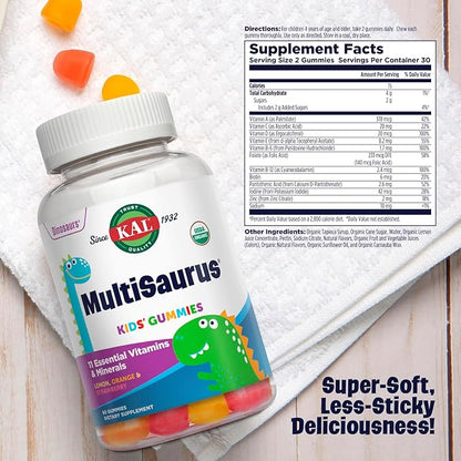 KAL MultiSaurus Multivitamin Gummies, USDA Organic Multivitamin for Kids, Healthy Bones, Immune & Energy Support, Vegan & Gluten Free, No Artificial Flavors or Colors, 30 Servings, 60 Gummies