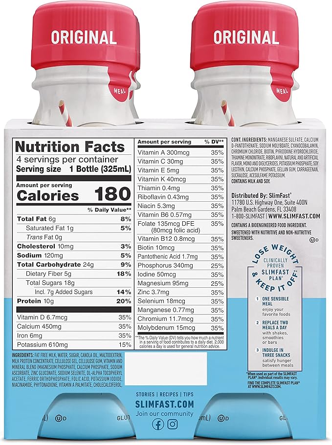 SlimFast Meal Replacement Shake, Original French Vanilla, 10g of Ready to Drink Protein, 11 Fl. Oz Bottle, 4 Count (Pack of 3) (Packaging May Vary)