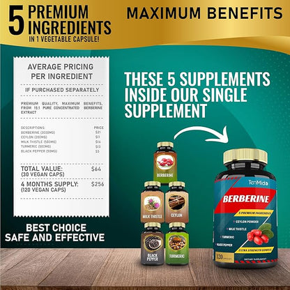 Berberine Extract Capsules, 4 Months Supply & Ceylon, Milk Thistle, Turmeric, Black Pepper | Immune Function Supports, Weight Management Supplements