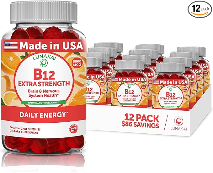 Vitamin B12 Gummies for Adults - Tastiest Proprietary Formula - 3000mcg Methyl B-12 High Absorption Energy Gummies - Non-GMO Vegan Vit B12 - Chewable B 12 for Energy Support and Bone Health - 12 Pack