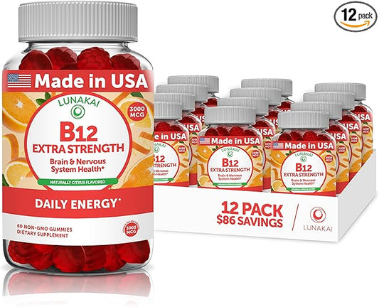 Vitamin B12 Gummies for Adults - Tastiest Proprietary Formula - 3000mcg Methyl B-12 High Absorption Energy Gummies - Non-GMO Vegan Vit B12 - Chewable B 12 for Energy Support and Bone Health - 12 Pack