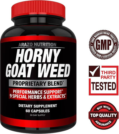 Arazo Nutrition Premium Horny Goat Weed Extract with Maca Root, Ginseng, Muira Puama and L-Arginine - for Men and Women – 100% Pure Herbal Nutritional Supplement
