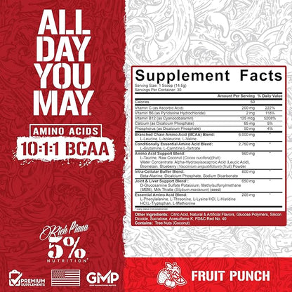 5% Nutrition Rich Piana AllDayYouMay BCAA Powder | Premium Intra & Post Workout Amino Acids, Hydration, Endurance, Muscle Recovery, Joint & Liver Support | 15.3 oz, 30 Servings (Fruit Punch)