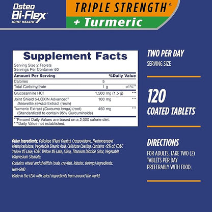 Osteo Bi-Flex Glucosamine Triple Strength Plus Turmeric Supplement with Curcumin for Joint Support and Range of Motion, 60 Day Supply, 120 Coated Tablets, Joint Health Nutritional Supplements