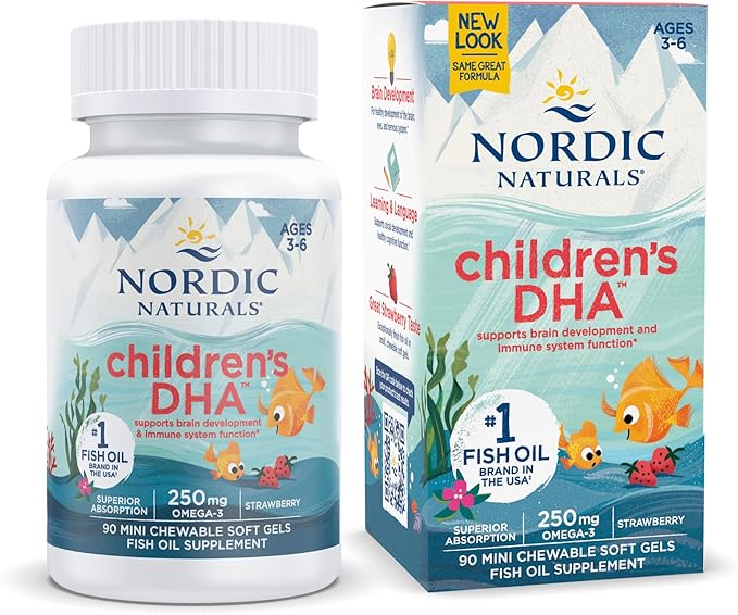 Nordic Naturals Children’s DHA, Strawberry - 90 Mini Chewable Soft Gels for Kids - 250 mg Omega-3 with EPA & DHA - Brain Development & Function - Non-GMO - 22 Servings