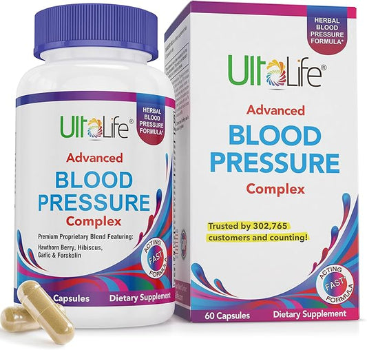 Blood Pressure Supplements - Advanced Blood Pressure Supplement Complex - Hawthorn Berry, Hibiscus, Garlic, Forskolin - 14 Vitamins & Herbs, 30 Day Supply in Veggie Capsules