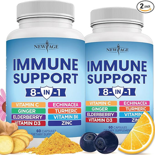 NEW AGE 8 in 1 Immune Support Booster Supplement with Echinacea, Vitamin C and Zinc 50mg, Vitamin D 5000 IU, Turmeric Curcumin & Ginger, B6, Elderberry 120 Count (Pack of 2)