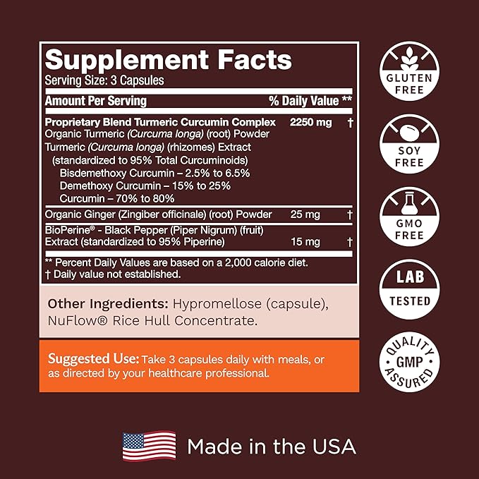 Life's Fortune Organic Turmeric Curcumin with Black Pepper and Ginger, Enhanced Absorption, Extra Strength Supplement, Joint & Immune Support, Non-GMO, 180 Cap - 2250mg