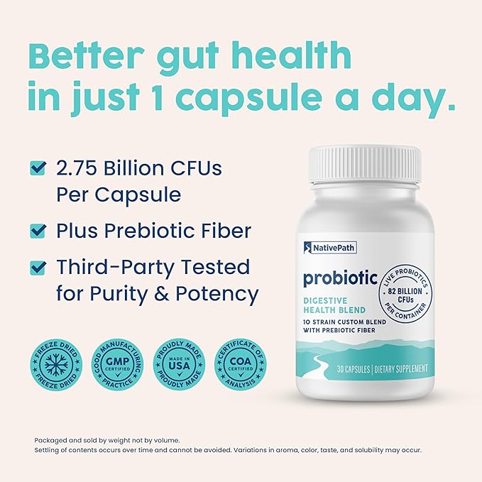 NativePath Daily Probiotic, 10-Strain Custom Blend Probiotics Supplement for Men and Women, 82 Billion CFUs - 30 Count