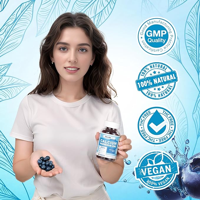 Calcium Magnesium Zinc Gummies with Vitamin D3 & K2 - High Potency Enhanced Absorption -60 Blueberry Gummies Flavored