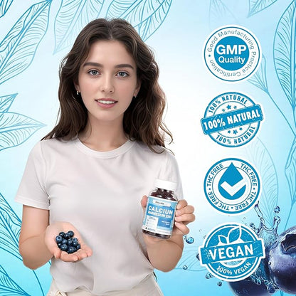 Calcium Magnesium Zinc Gummies with Vitamin D3 & K2 - High Potency Enhanced Absorption -60 Blueberry Gummies Flavored