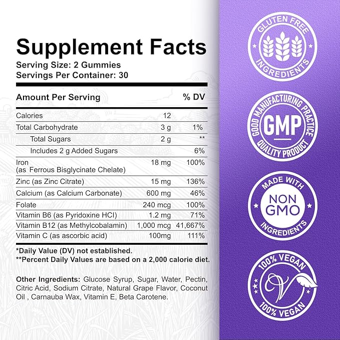 Iron Gummies - with Calcium, Zinc, Folate & Vitamin B12, C, B6 for Adults & Kids - Blood Builder & Energy Support for Iron Deficiency, Anemia, Vegan - 2 Pack Grape Flavour,60 Gummies