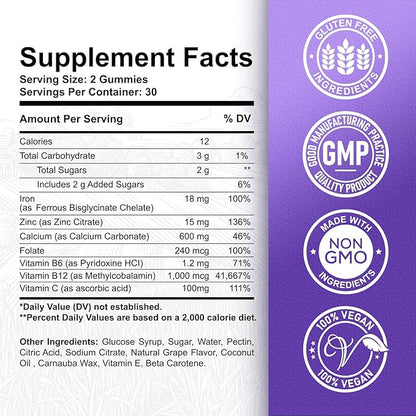 Iron Gummies - with Calcium, Zinc, Folate & Vitamin B12, C, B6 for Adults & Kids - Blood Builder & Energy Support for Iron Deficiency, Anemia, Vegan - Grape Flavour,60 Gummies