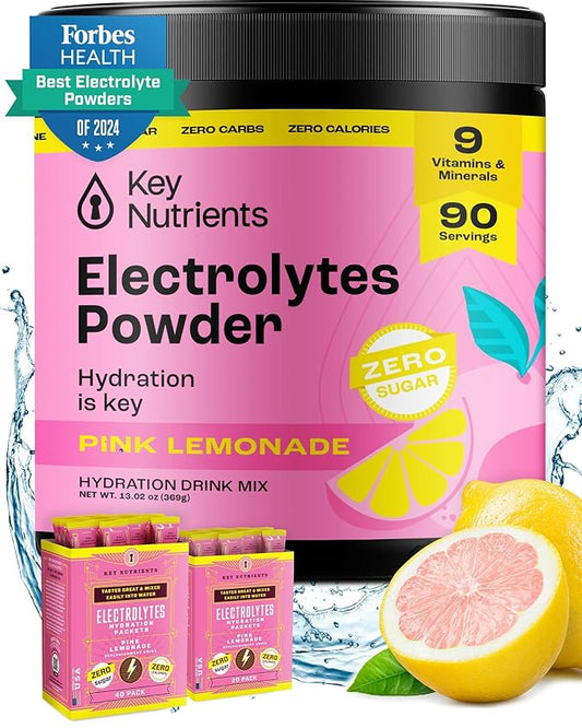 KEY NUTRIENTS Multivitamin Electrolytes Powder No Sugar - Fresh Pink Lemonade Electrolyte Powder - Endurance & Energy Supplement - Hydration Powder - No Calories - 90 Servings - Made in USA
