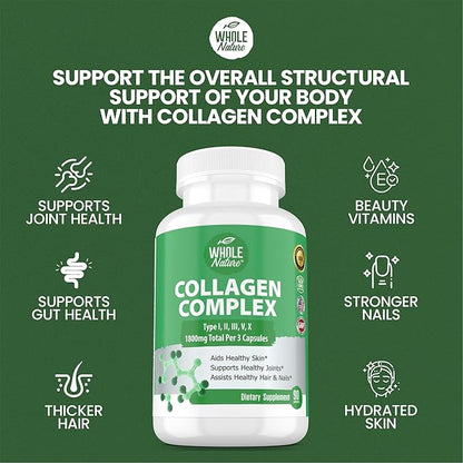 Multi Collagen Protein Peptides Supplement Capsules - 1800mg Collagen Complex Types I, II, III, V, X - Joint Support, Healthy Hair, Skin, Nails, Beauty Vitamins, 100% Natural, Non-GMO 180ct (2)