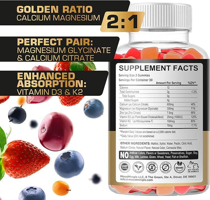 Calcium Magnesium Zinc Supplement Gummies for Kids Toddler & Adults - Enhanced Absorption with Vitamin D3 & K2 - Sugar Free Gluten Free Cal Mag Zinc Vegan Chewable Complex Calcium Gummies