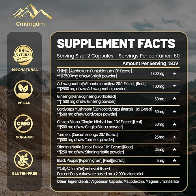 Shilajit Capsules - 20,000mg Pure Himalayan Organic Shilajit for Men & Women with Ashwagandha, Supports Vitality and Wellness, Premium Shilajit Pure Himalayan Supplement, 120 Capsules