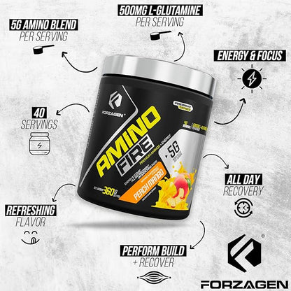 Forzagen Amino Fire | Essential Amino Energy Powder for Pre-Workout | BCAA Energy Boost & Muscle Recovery Drink Mix, Enhance Focus & Concentration, Dietary Supplement | Peach Mango, 40 Servings