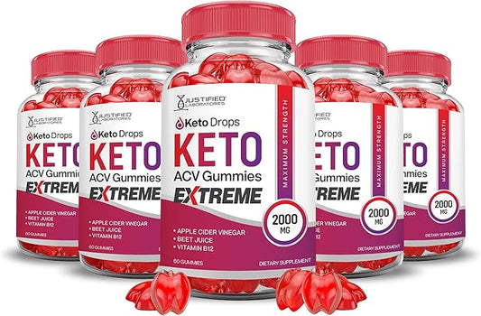(5 Pack) Keto Drops Keto ACV Gummies Extreme 2000MG Keto Drops Keto Gummies Advanced Formula Apple Cider Vinegar with Pomegranate Beet Juice Powder B12 Vegan Non GMO 300 Gummys