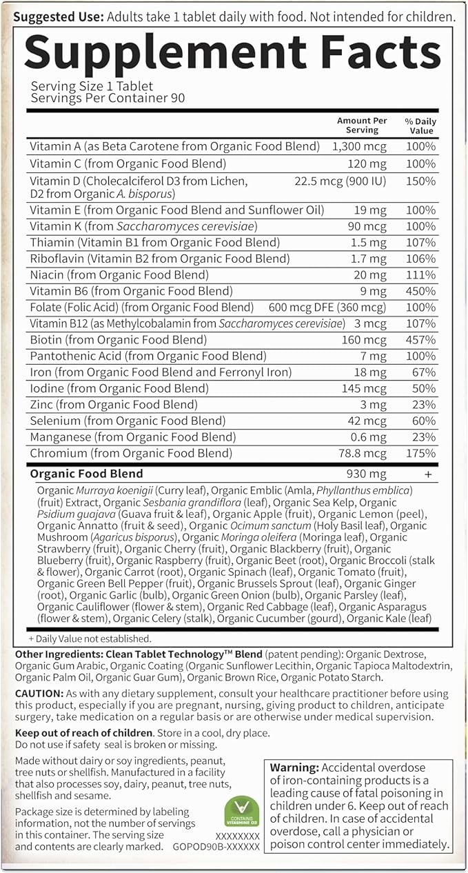 Garden of Life Organics Prenatal Vitamin: Folate for Energy & Healthy Fetal Development, Non-constipating Iron, Vitamin C, B6, B12, D3 – Organic, Non-GMO, Gluten-Free, Vegan, 90 Day Supply