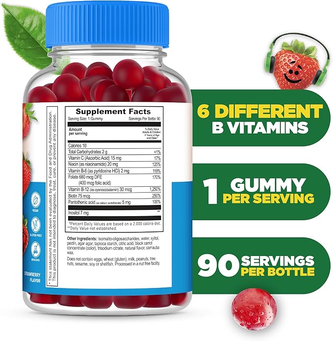 Lifeable Sugar Free Vitamin B Complex for Kids | B-Complex with Vitamin C | Great Tasting VIT B Complex Vitamins | Energy and Nerve Support | Kids B Vitamins Complex for Boys and Girls | 90 Gummies