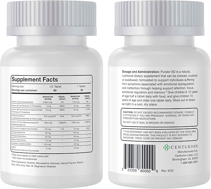 Centurion Premium Puralor AD, Cognitive and Focus Supplement for Kids with Saffron, Folate, Vitamin C, D and Zinc, 30 Chewable Tablets