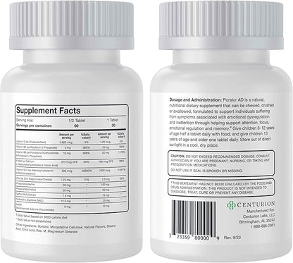 Centurion Premium Puralor AD, Cognitive and Focus Supplement for Kids with Saffron, Folate, Vitamin C, D and Zinc, 30 Chewable Tablets