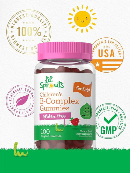 Carlyle Kids B Complex Gummies | 100 Count | Vegan | Peach Raspberry Flavor | Non-GMO, Gluten Free | by Lil' Sprouts