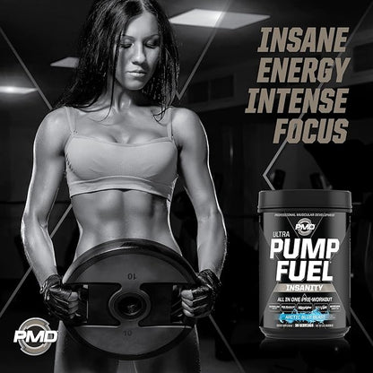 PMD Sports Ultra Pump Fuel Insanity - Pre Workout Drink Mix for Energy, Strength, Endurance, Recovery - Complex Carbohydrates and Amino Energy - Arctic Blue Blast (30 Servings)