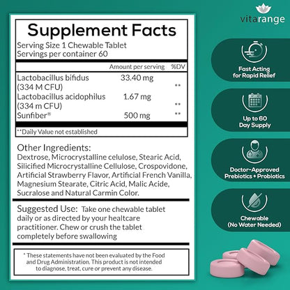 Colon Relief by VitaRange- Fast Constipation and Bloating Relief with Sunfiber Prebiotic Fiber and Pre + Probiotics for Digestive Health - 60 Chewable Strawberry Tablets – Doctor Formulated Probiotics