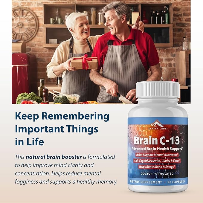 Brain C-13 Cognitive Booster Supplement by Zenith Labs - Natural Brain Health Support - Supports Memory, Focus, Concentration - Mental Clarity for Men Women