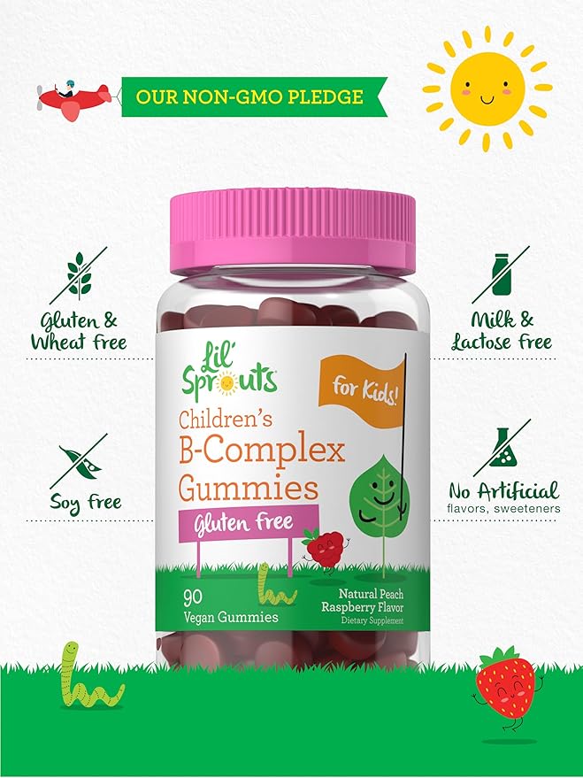 Carlyle Kids B Complex Gummies | 90 Count | Peach Raspberry Flavor | Non-GMO, Gluten Free & Vegan Supplement | Lil' Sprouts