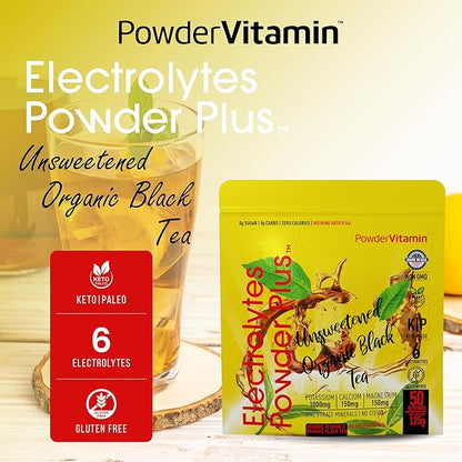 Electrolytes Powder Plus (50 Servings) Unsweetened Black Tea Electrolyte Powder Keto,SugarFree, Pink Himalayan Salt,1000mgPotassium,150mgCalcium,150mgMagnesium,Hydration Powder NO STEVIA